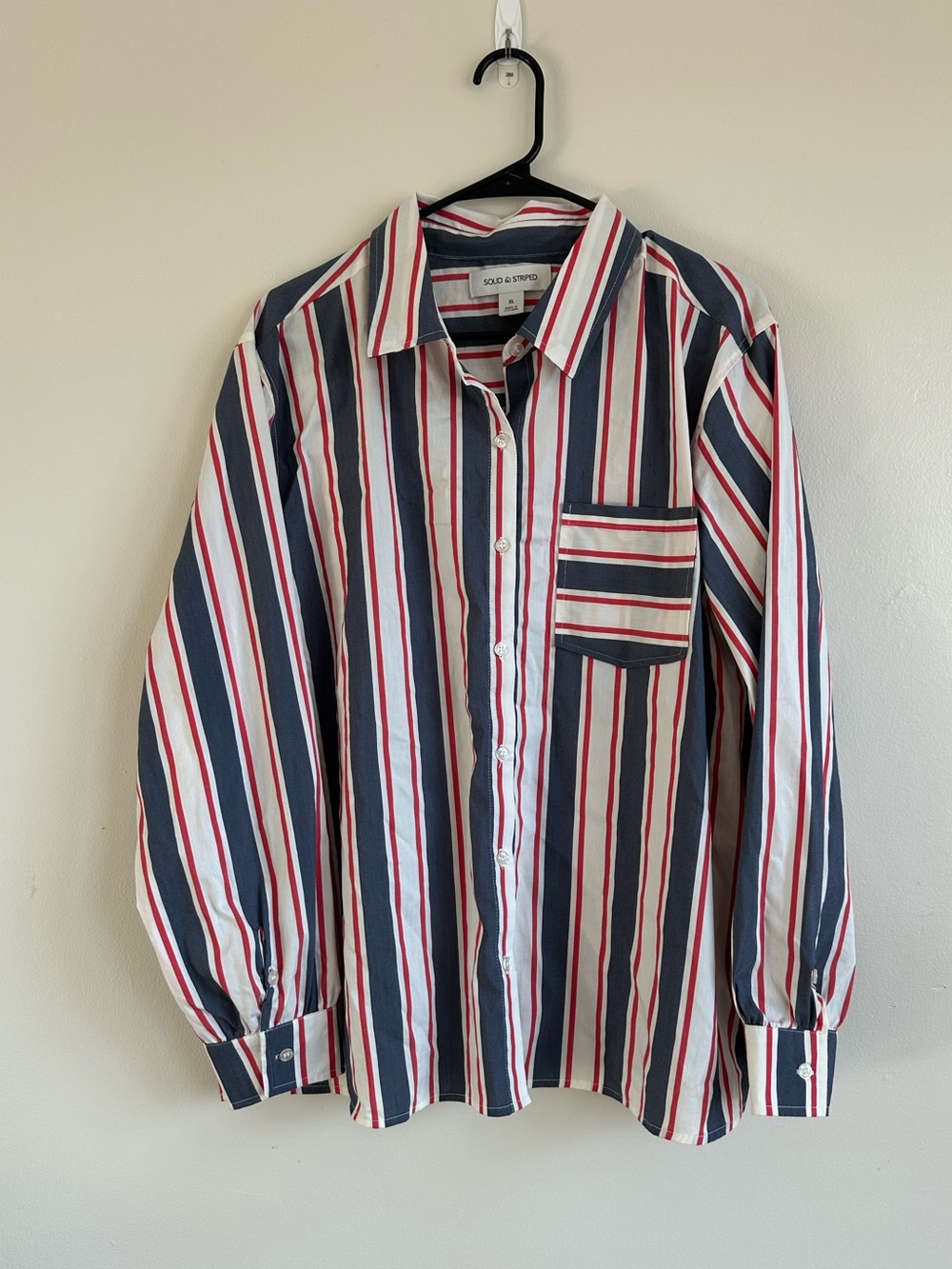 Solid & Striped Navy, White & Red Striped Button-Up Cover Up Shirt